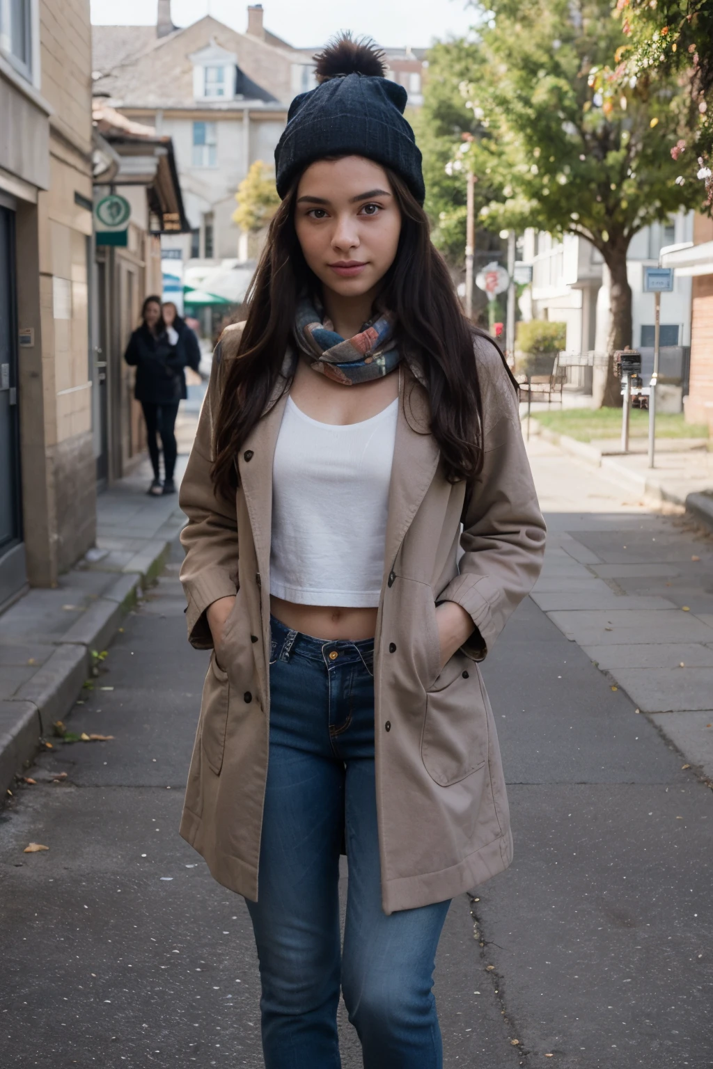 ((best quality)), ((masterpiece)), (detailed), young girl, tall girl, tan, at the UK beach, messed up hair, long black hair, jeans, jacket, coat, long sleave sweater, scarf, gloves, hat, photorealistic picture, natural skin, high resolution, beautiful face, (full body picture), realistic skin, natural looking hair, bright background, sexy pose.