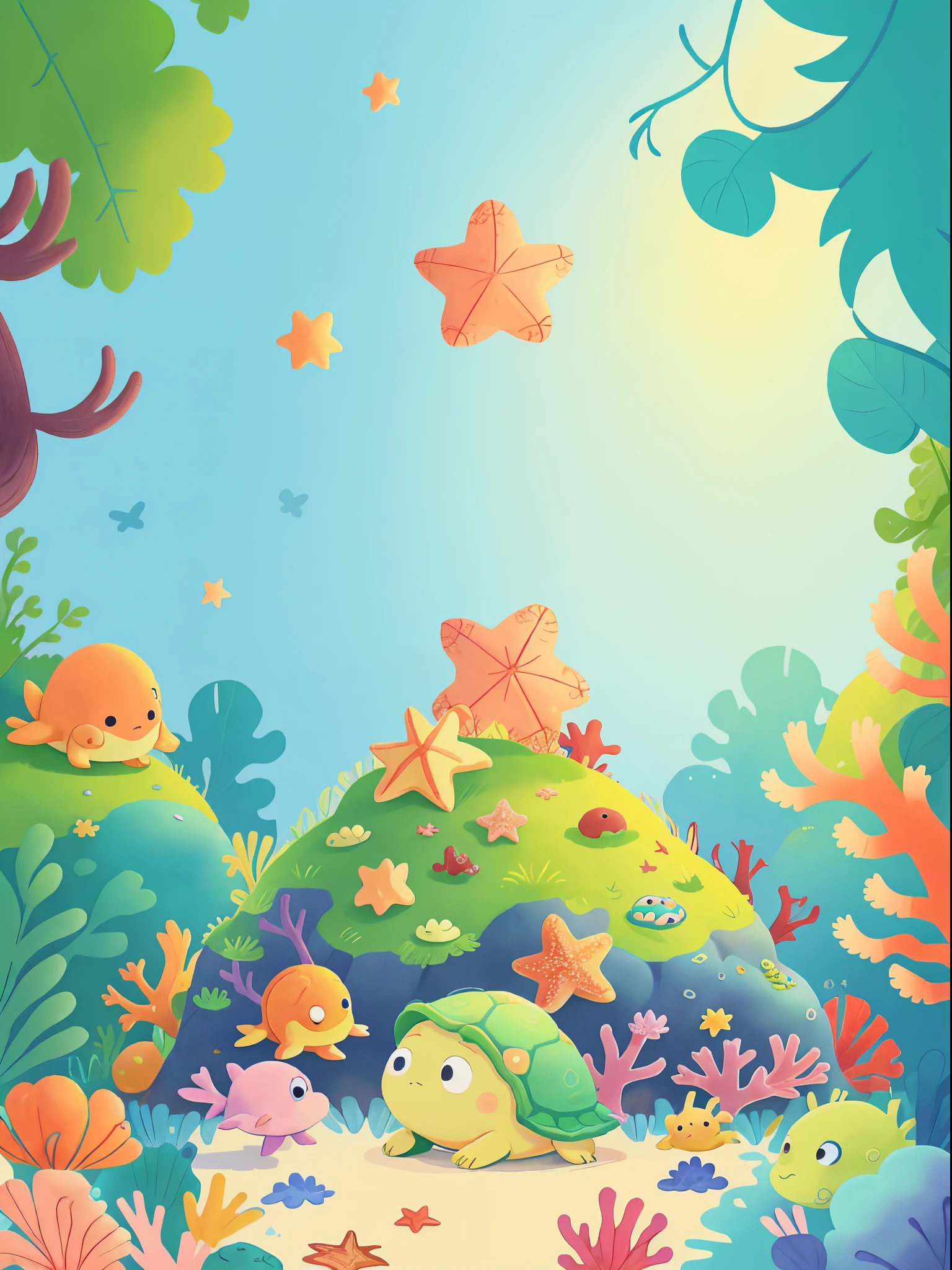 Little starfish meets a turtle hiding behind a coral reef,classical animation,continuous shooting,Cinematic immersion,Sense of story,coloring book,picture book story,High saturation color,colorful illustrations,publication,(No children!!!)