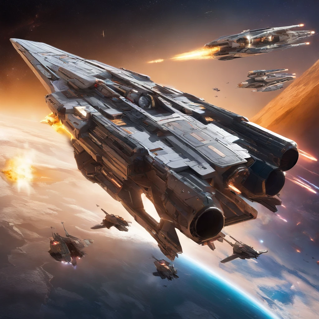 Create futuristic hyperrealistic works of art, with sophisticated advanced technologies. futuristic fighter orbital plane with many details, Bright Light Capture, flying machines, Crossing the Sky. combat fighter orbital aircraft, space fighter, orbital plane, Beithon Empire, 8K resolution, higly detailed, photo realistic Combat space fighter of the Beiton Empire, multi-purpose spacecraft, designed for combat operations in space and atmosphere, used to destroy enemy ships, satellites and ground objects. space fighter advantages over other spacecraft, has high speed and maneuverability, which allows him to effectively attack enemy targets, shuttle space fighter has powerful weapons to destroy targets at long distances. Battle shuttles - the space fighter of the Beithon Empire are an important element of its military power. They are used to protect the empire from external threats and to conduct offensive operations. Technical characteristics of the combat space fighter of the Beiton Empire, wingspan: 12,56 m, Aircraft length: 18,90 m, Aircraft altitude: 5,09 m, Wing area: 78,04 m², fart: 200000 km/h Flight range: 1,000,000 kilometers Armament: rocket launchers, small arms crew: 2 people, separate cabin - cockpit, two cockpits one behind the other, Use of the Battle Shuttle of the Beithon Empire, Battle shuttles of the Beithon Empire can be used for the following purposes: Destroying enemy ships and satellites, Attacking ground targets, Ground support, reconnaissance, Delivery of troops and cargo, Battle shuttles of the Beithon Empire played an important role in several major battles, including the Beithon Empire&#39;s War of Independence and the Alliance War.