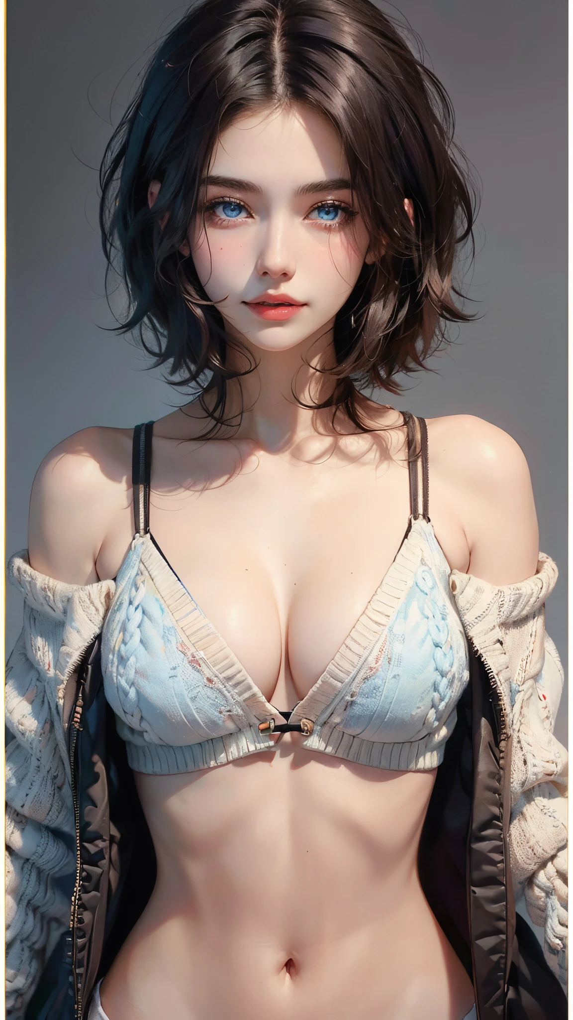 ((((masterpiece, best quality, high resolution)))), (1girl:1.5), ((short silky hair, black hair, blue eyes)), (average breasts:1.2), blush, (light smile), glow, thighs, bare shoulders, collarbone, narrow waist, (slender body figure), cleavage, (beautiful detailed face, beautiful detailed eyes), ((mid-riff sweater))