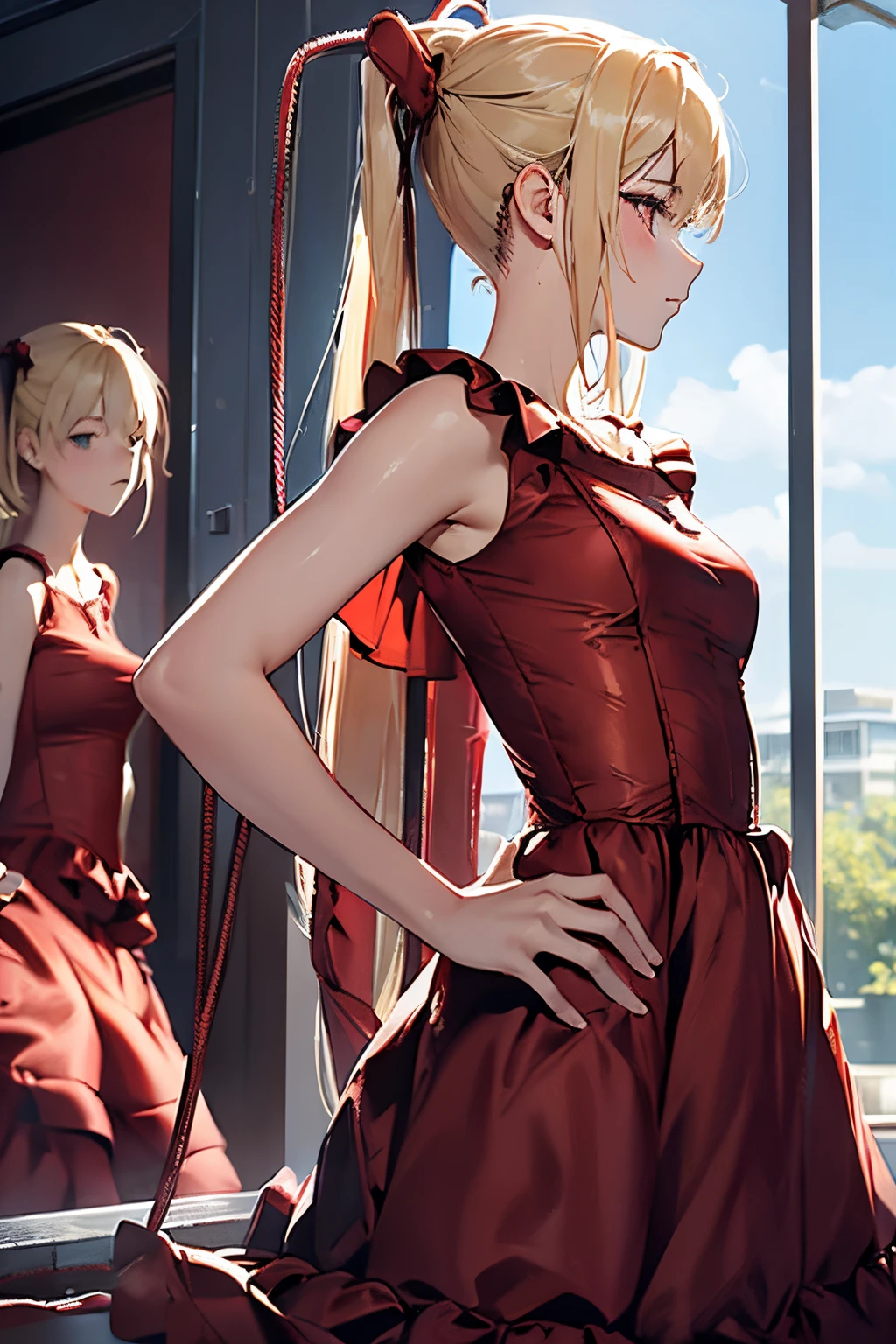 the real thing、女の子1人、、a blond、Embarrassed face, Longhaire、Twin-tailed、((wearing red dress:1.5)), ((Breasts with visible nipples)), ((Slim waist))、a wet body、cowboy shot、Forward-facing、Shiny body、pee、Looking at the camera、((genitals are visible))、((I'm taking a photo from the side))、((Hands on the hips)), masterpiece、top-quality