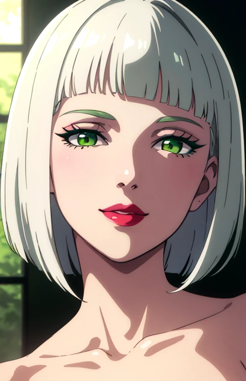 ultra realistic, 4k, masterpiece, best quality, ultra-detailed, 1girl, white hair, bobcut, emerald green eyes, glittery eyes, (close-up:0.6), straight on, face focus , highly detailed skin, full lips, smiling, red plump lips, glowing skin, dark green eyes, black eyeliner, smokey eyes, (3D:0.5)