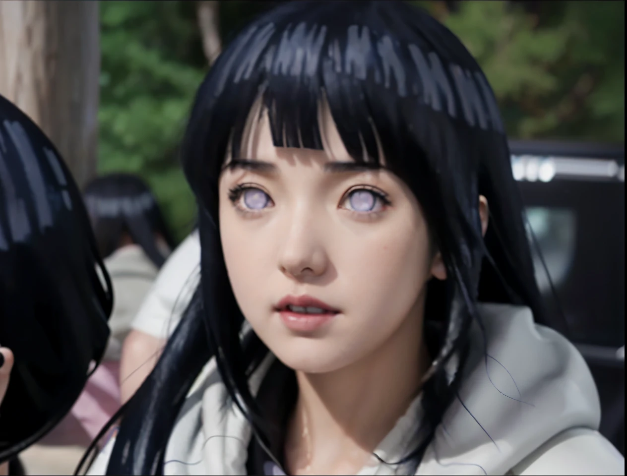 a close up of a person with long hair and a hoodie, hinata hyuga, hinata hyuga from naruto, from naruto, as an anime character, perfect anime face, she has dark blue hair with bangs, female anime character, anime character, anime best girl, hime cut hairstyle, dark blue hair, (red glossy lips:1.3), light purple eyes