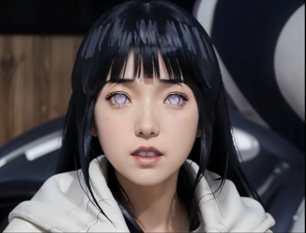 a close up of a person with long hair and a hoodie, hinata hyuga, hinata hyuga from naruto, from naruto, as an anime character, perfect anime face, she has dark blue hair with bangs, female anime character, anime character, anime best girl, hime cut hairstyle, dark blue hair, (red glossy lips:1.3), light purple eyes