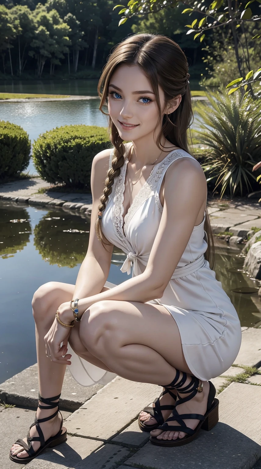 25-year-old Caucasian woman、bionde、blue eyess、Longhaire、I use a hair band to tie my hair together、a smile、accessories on the wrist、a smile、Slender but well-proportioned muscular body、I don&#39;t want my head to disappear from the screen.、Wearing a short dress、wearing lace-up sandals、Crouching by the pond, looking at the water surface