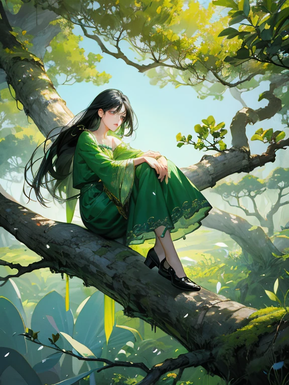 There a man in emerald green fairy clothes leaning against a big tree, Man has long black hair,High nose,largeeyelack eyes,slender eyebrow,Knife-like face,pretty,serious,sedate,Holding a long sword in his arms,leaning against a thick branch, dreamy surreal, Beautiful digital artwork, stunning digital illustration, sitting in the tree, dreamlike digital painting, Surreal digital artwork, 3d render digital art, A beautiful artistic illustration, dramatic sitting position