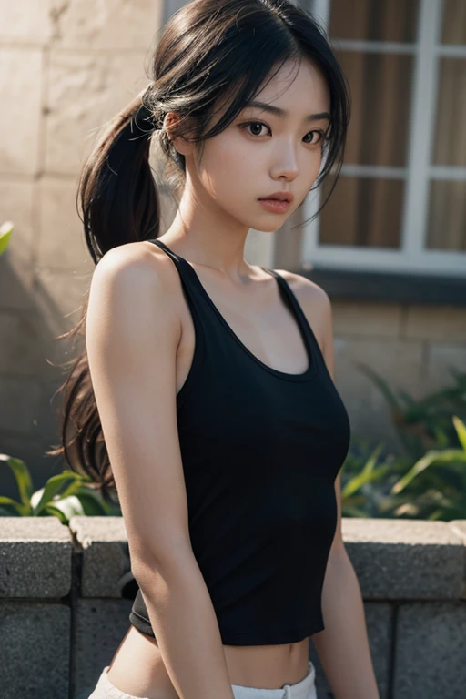 8K, of the highest quality, masutepiece:1.2), (Realistic, Photorealsitic:1.3), of the highest quality, masutepiece, Beautiful young woman, Pensive expression, Thoughtful look, sporty, Hair tied back, Cinematic background, Light skin tone、wetted skin, soft look, chinese girl, small tits, closeup shot, long black hair, tank top