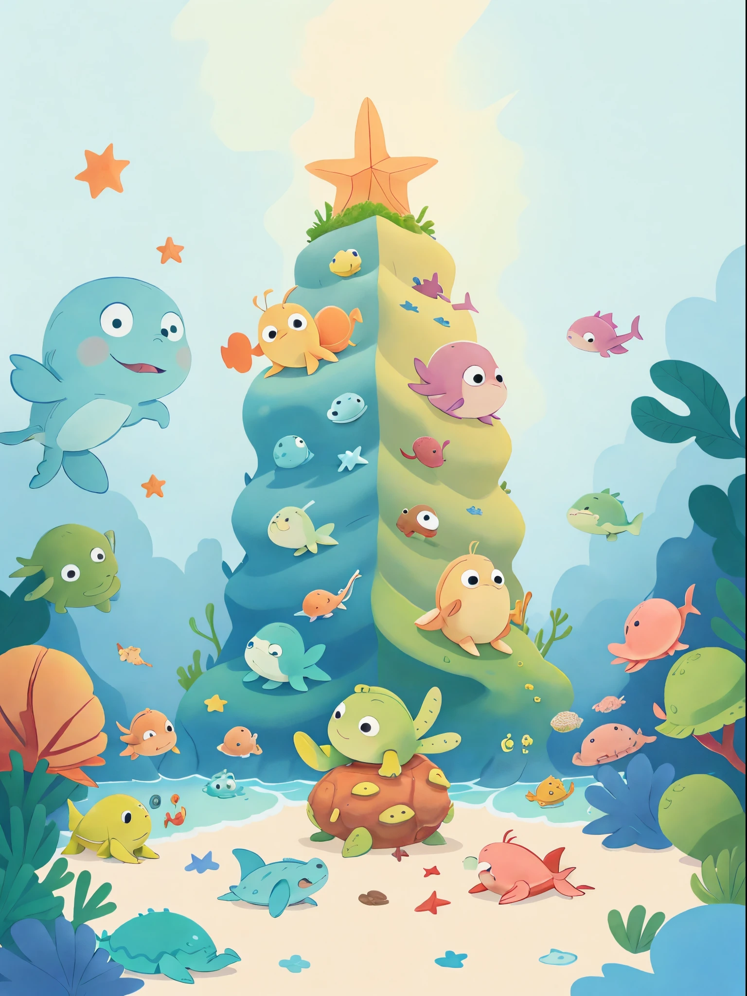 Little starfish and turtle meet a huge shark,The big shark opens its mouth and swims toward the starfish and turtles,classical animation,continuous shooting,Cinematic immersion,Sense of story,coloring book,picture book story,High saturation color,colorful illustrations,publication,(No children!!!)