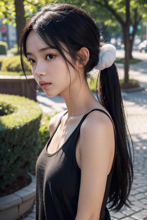 8K, of the highest quality, masutepiece:1.2), (Realistic, Photorealsitic:1.3), of the highest quality, masutepiece, Beautiful young woman, Pensive expression, Thoughtful look, youth, Hair tied back, Cinematic background, Light skin tone、wetted skin, soft look, chinese girl, small tits, closeup shot, long black hair, tank top, front view