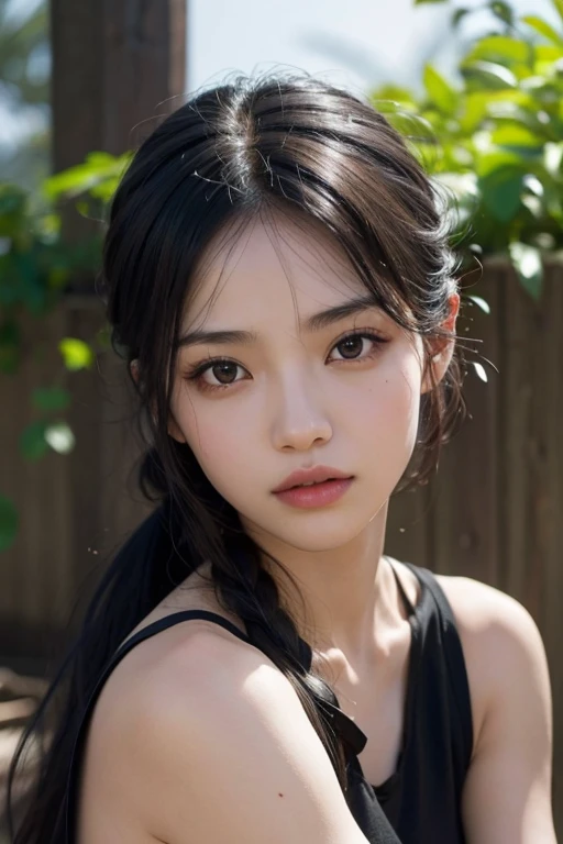 8K, of the highest quality, masutepiece:1.2), (Realistic, Photorealsitic:1.3), of the highest quality, masutepiece, Beautiful young woman, Pensive expression, Thoughtful look, youth, Hair tied back, Cinematic background, Light skin tone、wetted skin, soft look, chinese girl, small tits, closeup shot, long black hair, tank top, front view