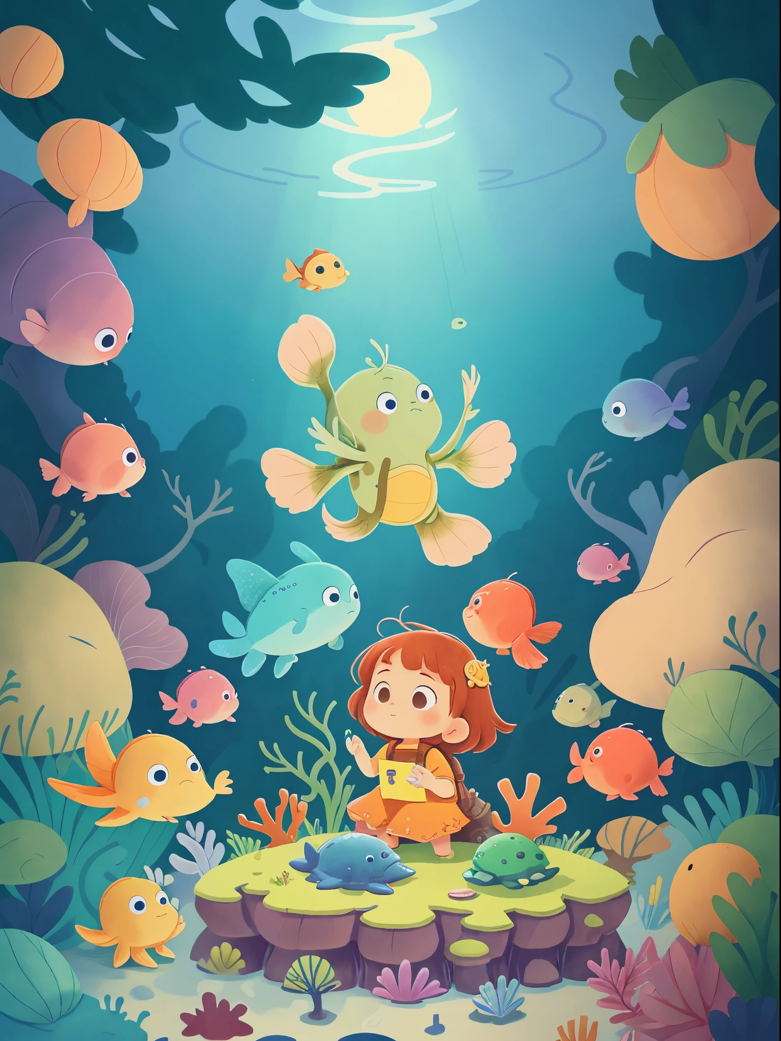 A starfish and a turtle tightly embrace each other, escaping the chase of sharks. The scene reminiscent of a classic animation, with sequential shots that create a cinematic immersive experience. The artwork depicts a story with vibrant and saturated colors, resembling a coloring book or an illustrated storybook. The emphasis on high saturation, vivid colors, and colorful illustrations that are suitable for publication. It important to note that there are no children in the scene. The medium used for creating the artwork traditional illustrations combined with digital techniques, resulting in a unique and captivating style. The lighting in the artwork soft and warm, creating a sense of tranquility and serenity in the underwater environment. The focus on the detailed expressions and textures of the starfish, turtle, and surrounding marine life. The artist pays special attention to the intricate patterns and textures of the underwater plants, coral reefs, and the sandy ocean floor. The overall quality of the artwork of the highest standard, with ultra-detailed elements that showcase the artist's skill and craftsmanship. The prompt embodies the essence of a heartwarming and adventurous underwater encounter, inviting viewers to dive deeply into the vivid and enchanting world beneath the waves.