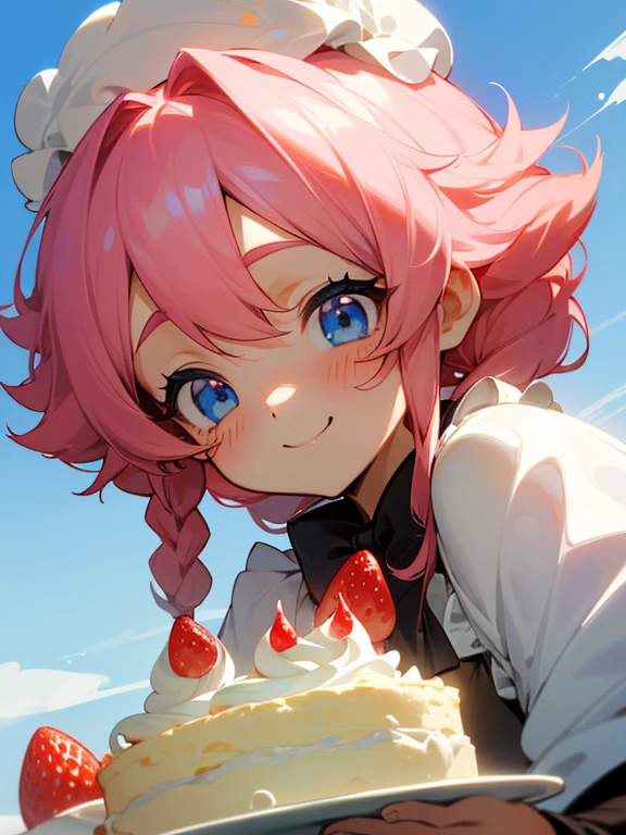 Colorful and cute home kitchen,(Ingredients for sweets such as flour, eggs, and sugar),((Strawberry shortcake on a plate)),((cream on the side of the cake)),fluffy hair,Golden hair,((Braids,Odango Hair)),Slightly red tide,((Sky blue eyes)),(Ruffled apron),((I have white cream on the tip of my nose and hands.)),(Tejepero),(Smile slightly),(Kamimei),(close up of face),(In conditioning)