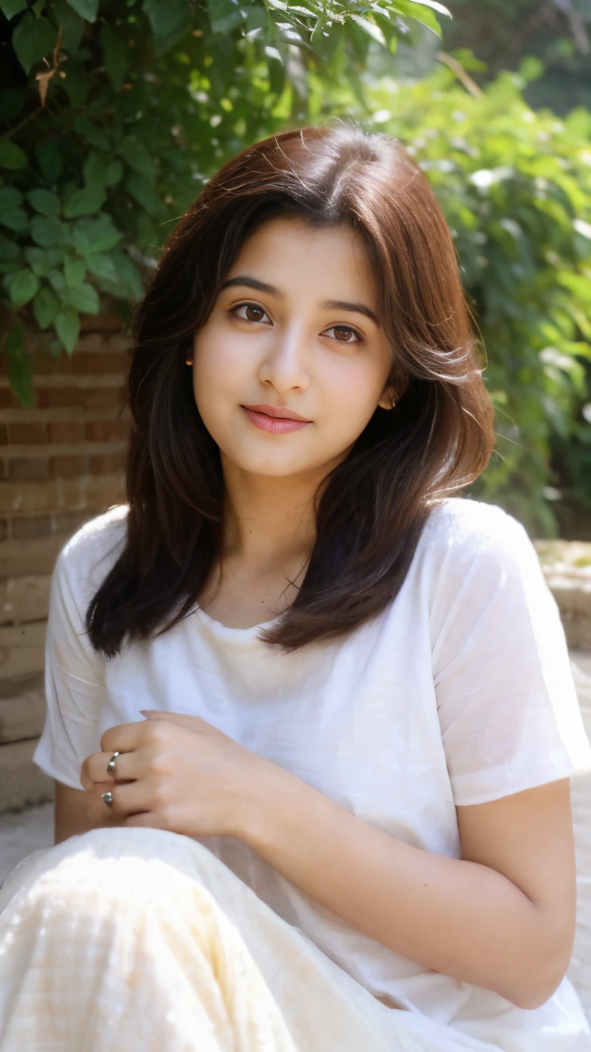 Create a cute girl name "Simi khanna" age 19 wearing White cloth looking to the camera