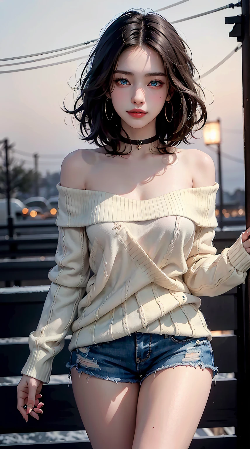 masterpiece、Top image quality、1人の女性、Beautiful woman sitting on the stairs、Legs wide open、Hands between the legs、off-the-shoulder sweater, (shortpants:1.2)、The navel is visible、Detailed facial expressions、Detailed eye、Detailed nose、((Detailed red lips))、(((爆乳)))、Female proportions considered everywhere、Skyscraper District、Sunset between buildings、Large circular earrings、beauty legs