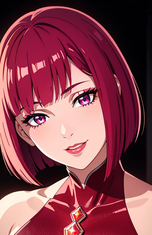 ultra realistic, 4k, masterpiece, best quality, ultra-detailed, 1girl, ruby hair, bobcut, diamond purple eyes, glittery eyes, (close-up:0.6), straight on, face focus , highly detailed skin, full lips, smiling, red plump lips, glowing skin, red clothes, black eyeliner, smokey eyes, (3D:0.5)