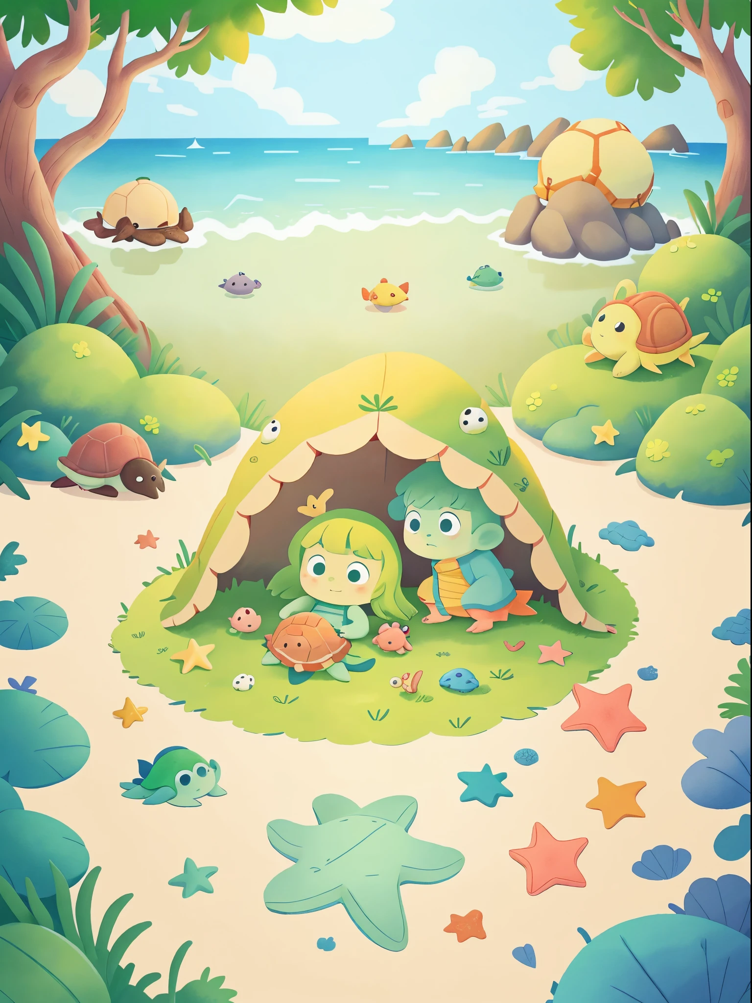 starfish and turtle find a safe seagrass bed,where they rest and play,classical animation,continuous shooting,Cinematic immersion,Sense of story,coloring book,picture book story,High saturation color,colorful illustrations,publication,(No children!!!)