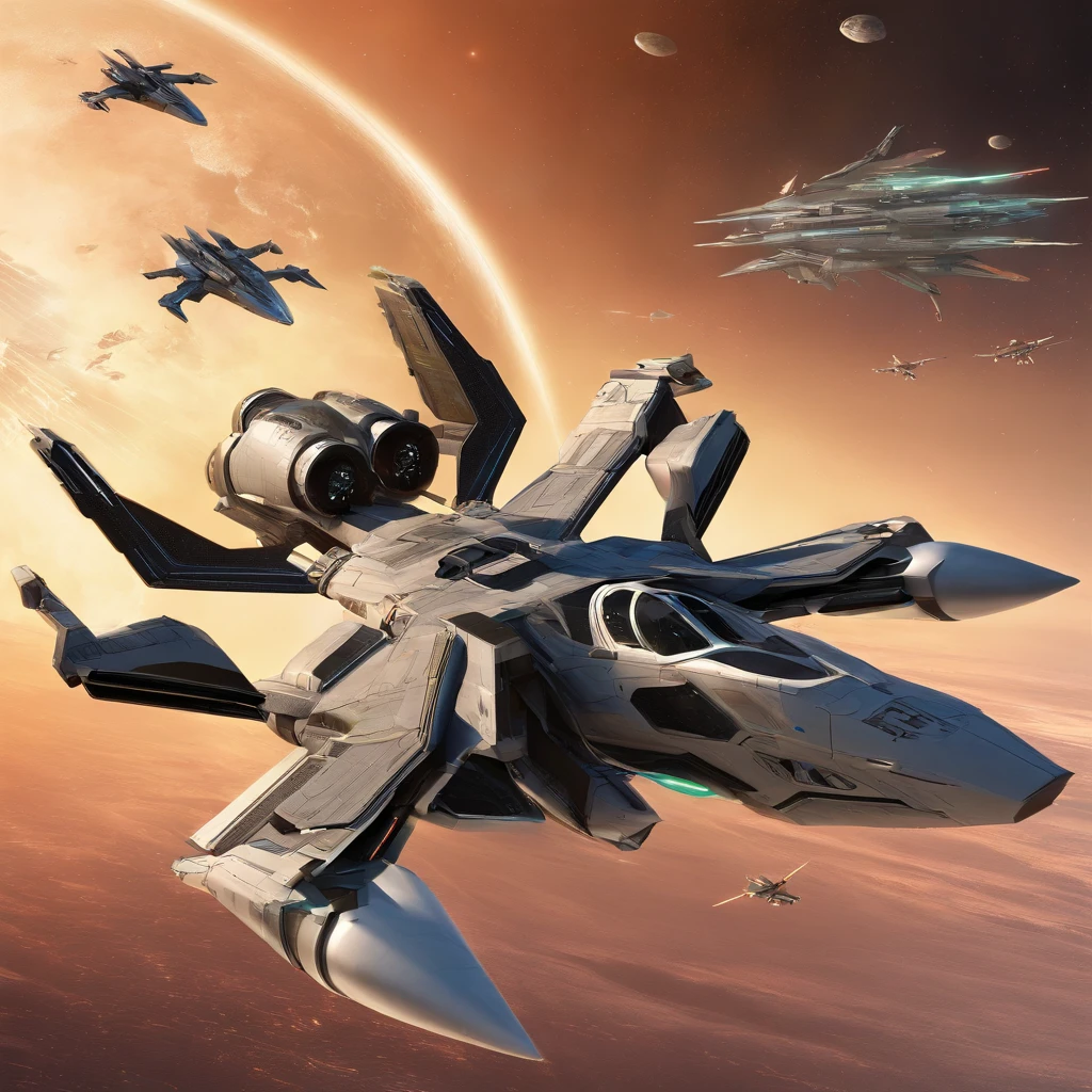 Create futuristic hyperrealistic works of art, with sophisticated advanced technologies. futuristic fighter orbital plane with many details, Bright Light Capture, flying machines, Crossing the Sky. combat fighter orbital aircraft, space fighter, orbital plane, Beithon Empire, 8K resolution, higly detailed, photo realistic Combat space fighter of the Beiton Empire, multi-purpose spacecraft, designed for combat operations in space and atmosphere, used to destroy enemy ships, satellites and ground objects. space fighter advantages over other spacecraft, has high speed and maneuverability, which allows him to effectively attack enemy targets, shuttle space fighter has powerful weapons to destroy targets at long distances. Battle shuttles - the space fighter of the Beithon Empire are an important element of its military power. They are used to protect the empire from external threats and to conduct offensive operations. Technical characteristics of the combat space fighter of the Beiton Empire, wingspan: 12,56 m, Aircraft length: 18,90 m, Aircraft altitude: 5,09 m, Wing area: 78,04 m², fart: 200000 km/h Flight range: 1,000,000 kilometers Armament: rocket launchers, small arms crew: 2 people, separate cabin - cockpit, two cockpits one behind the other, Use of the Battle Shuttle of the Beithon Empire, Battle shuttles of the Beithon Empire can be used for the following purposes: Destroying enemy ships and satellites, Attacking ground targets, Ground support, reconnaissance, Delivery of troops and cargo, Battle shuttles of the Beithon Empire played an important role in several major battles, including the Beithon Empire's War of Independence and the Alliance War.