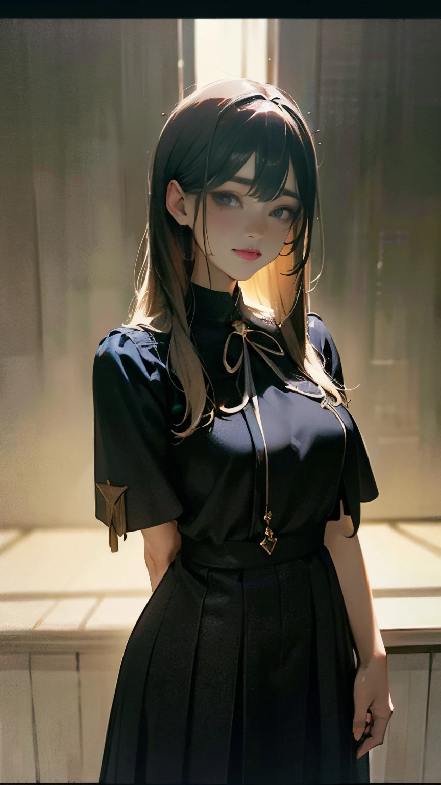 (Portrait of a Surrealist woman), (dark fantasy art: 1.6), David Hockney and Alphonse Mucha's style, Stunning realism, Dynamic lighting, 4K resolution, high detailed facial features, Award-winning, Cowboy Shot, (Official uniform: 1.4), long and gray hair, Deep Shadows.