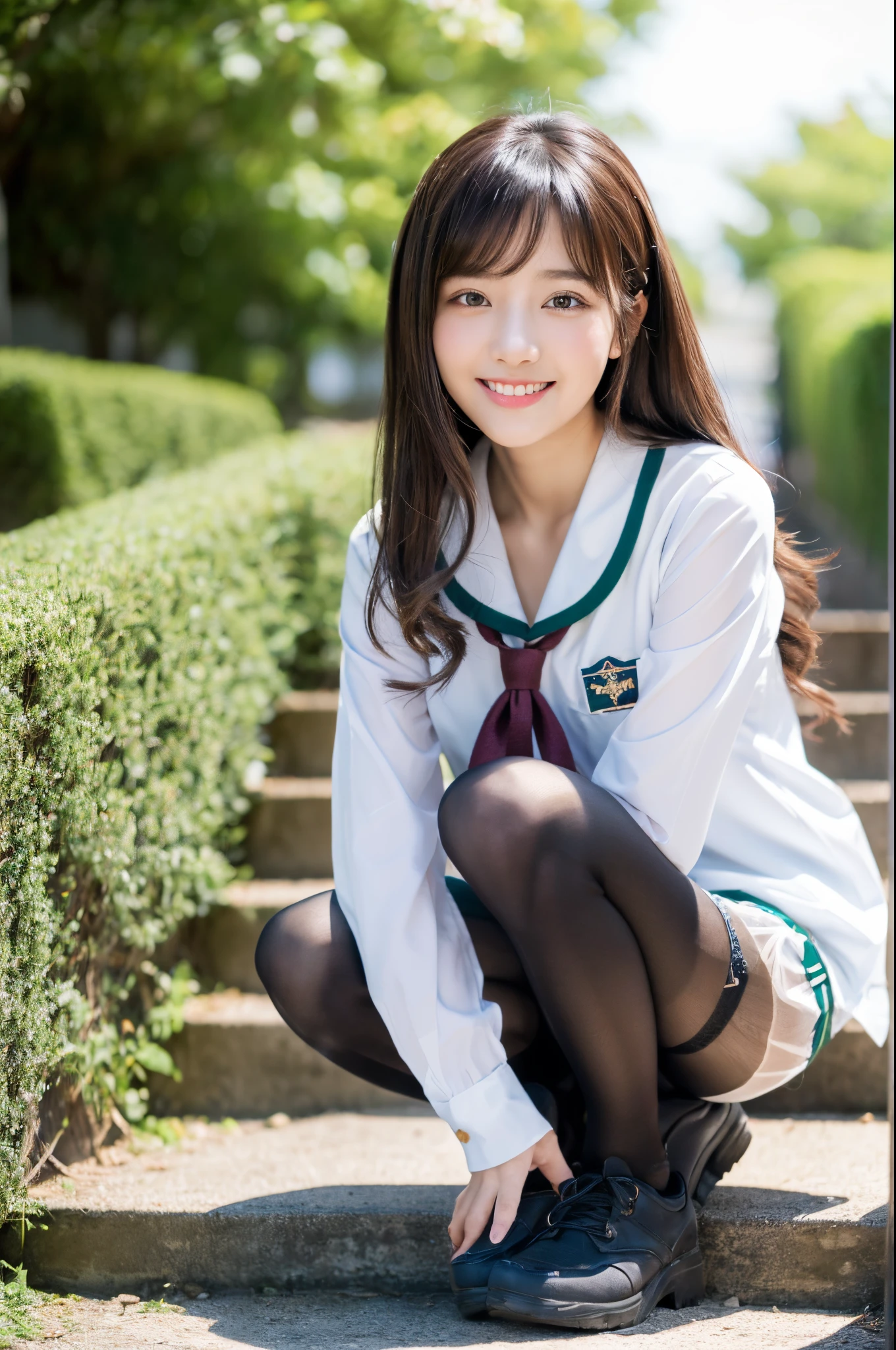 ulzzang -6500-v1.1, (Raw photo:1.2), (Photorealsitic), a beautiful detailed girl, (Real: 1.4), extremely detailed eye and face, ((Japan school uniform;1.3))、((Ultra-realistic pantyhose:1.2)), Squatting on the stairs、selfee, Instagram、game_nffsw, huge filesize, hight resolution, ighly detailed, top-quality, [​masterpiece:1.6], illustratio, ighly detailed, nffsw, finely detail, top-quality, 8k wallpaper, Cinematographic lighting, 1girl in, , perfect body type, cute droopy eyes beautiful big eyes、Pieckfinger, ((masutepiece)), Best Quality, eye shadow, Portrait, ((FULL BODYSHOT:1.4))、(Very affectionate smile:1.2)、realistic skin textures、shinny skin、shoe、