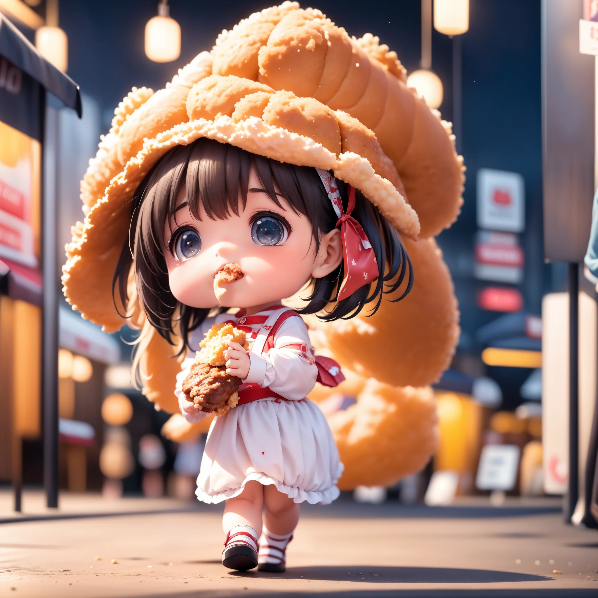 8K, best detail, best quality, an extremely delicate and beautiful, a cute *********** eating fried chicken while walking in the night food street