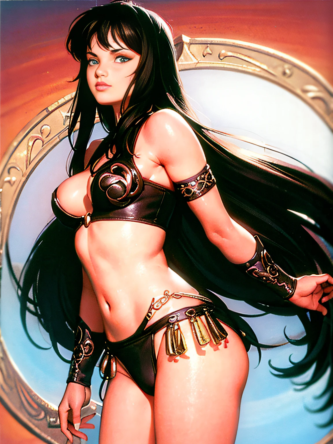(Xena) (cara linda) (Buen cuerpo) (Altamente detallado) (highest qualityr) (Antecedentes de Cosmos)