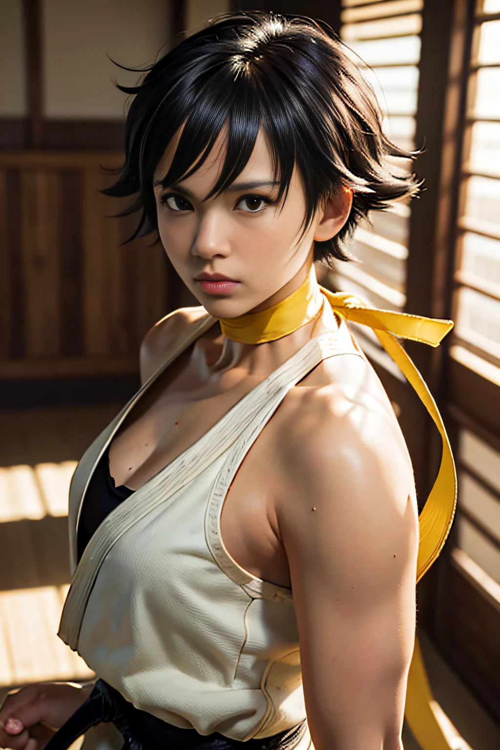 Makoto(street fighter),Black hair, hair messy, Short hair, Floating hair, yellow ribbon choker, white dougi, dojo, Tatami mats, nffsw, masutepiece:1.2, Textured skin, Super Detail, High quality, Vibrant colors, Natural lighting.