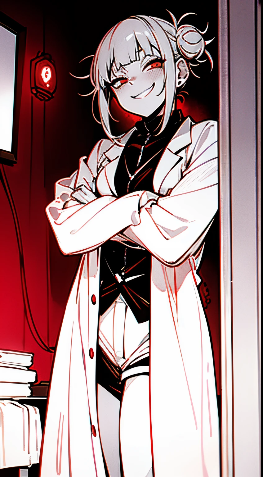 4K ultra high resolution image, Toga Himiko possessed by middle aged man, glowing red eyes, evil grin, horrifying dark scene, looking at reflection in mirror pov, in bedroom, wearing white lab coat, seductive pose