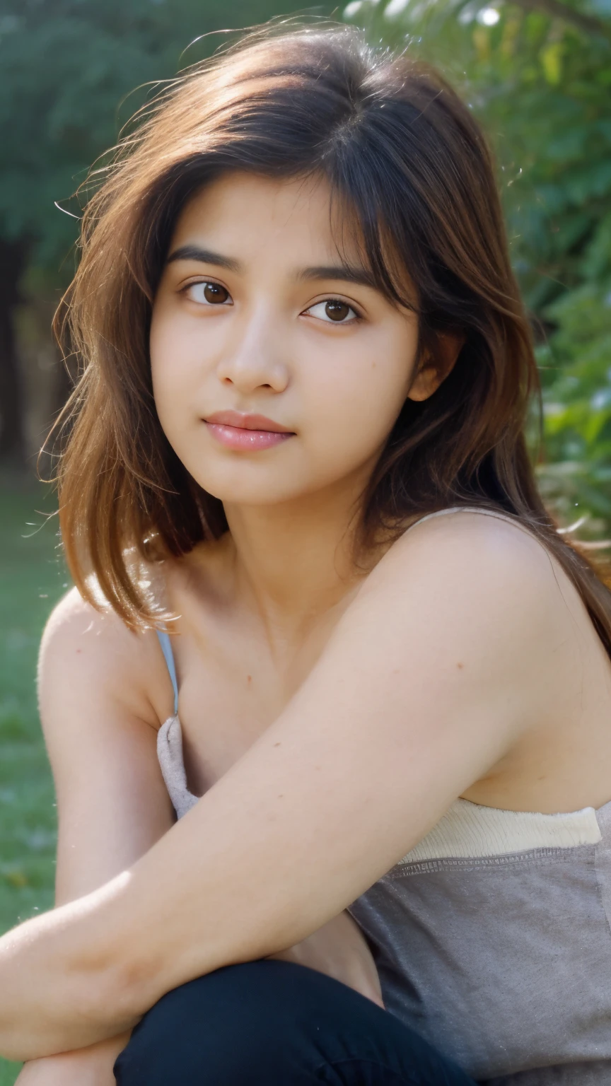 (realistic:1.3), rembrandt lighting, (masterpiece:1.2), (photorealistic:1.2), (best quality), (detailed skin:1.3), (intricate details), ray tracing,1girl, Latina girl, 18 years old, detailed skin texture, (blush:0.5), subsurface scattering, smiling, updo hair, bangs, hair between eyes, hair ornaments,  seiza (bright sunny day, autumn setting, autumn trees and leaves, (zen garden:1.2), face closeup, cute, innocent looking
