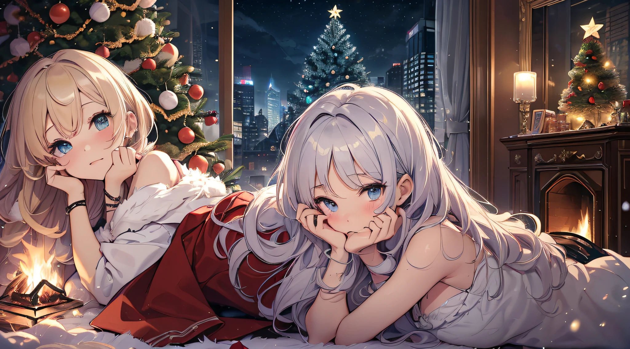 top-quality、Top image quality、​masterpiece、teens girl((Christmas、、18year old、 Ager、Best Bust、big bast,Beautiful wide open light blue eyerest, a blond、A slender,Large valleys、dye one's cheeks red、Reflecting the whole body、Laugh、dance、red cloak、Shy face、embarassed face、sprawl)),hiquality、Beautiful Art、Background with((my stylish night room、Christmas Wind、Stove、Red carpet on the floor、fireplace、Christmas tree、Red bed、Kotatsu、Christmas present)))、masutepiece、depth of fields,