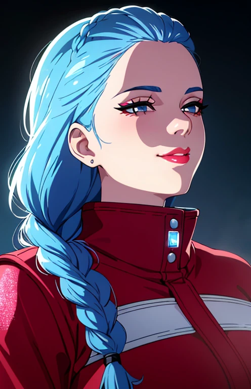 ultra realistic, 4k, masterpiece, best quality, ultra-detailed, 1girl, sky blue hair, thick braid , diamond eyes, glittery eyes, straight on, face focus , highly detailed skin, full lips, smiling, red plump lips, glowing skin, red jacket, black eyeliner, smokey eyes, (3D:0.9)