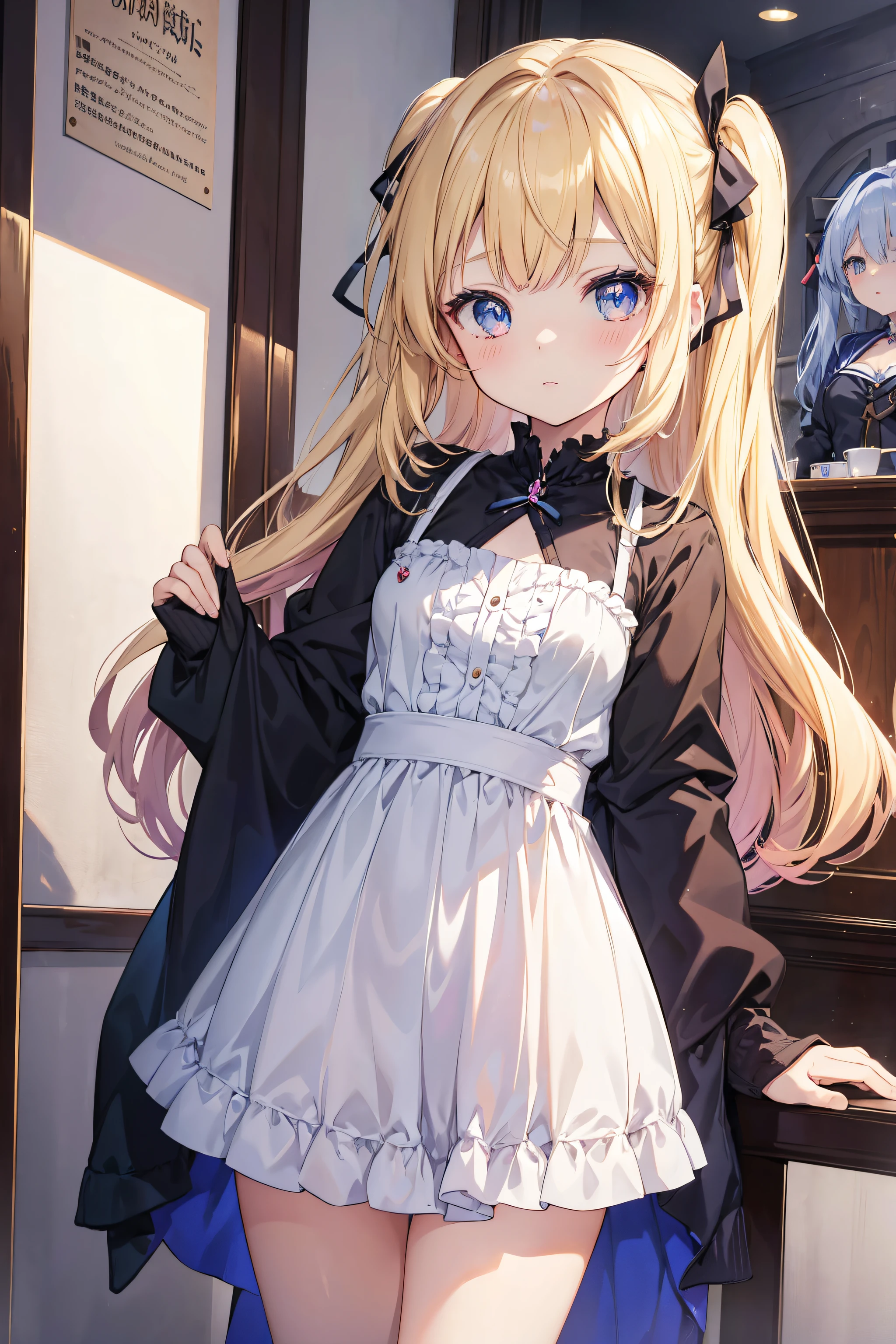 anime girl dans une jupe courte posant devant un bar, seductive anime girl, finedetail. girls frontline, attractive anime girl, De Girls Frontline, blonde anime girl with long hair, girls frontline style, mignon anime fille, petit loli sinueux, beautiful anime girl, Splash Art Anime Loli, aussi, from the azur lane videogame, kantai collection style, yeux de flammes scintillantes, oeil bijou, Masterpiece, 16k