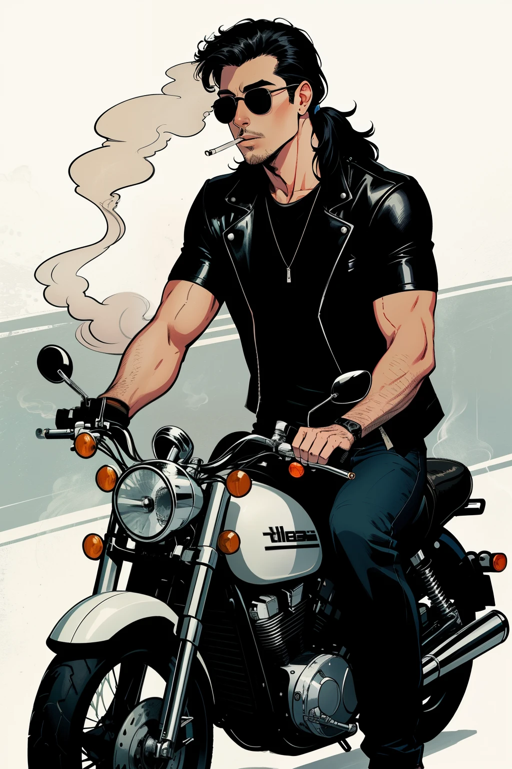 Stylish man, mullet, round sunglasses, stubble, oblong shaped face, smoking a cigarette, wearing a black leather jacket over a white t shirt riding a cruiser motorbike