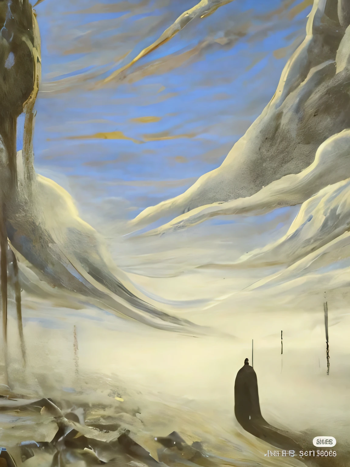 snow landscape,There a tree on the tree, Inspired by Les Edwards, Inspired by Yves Tanguy, Inspired by Zdzisław Beksiński, cinematic ligh《sand dune》detailed painting in, surrealist landscape painting, Buicksinski, Inspired by John Martin, Zgislaw Beksinski, Inspired by John F.