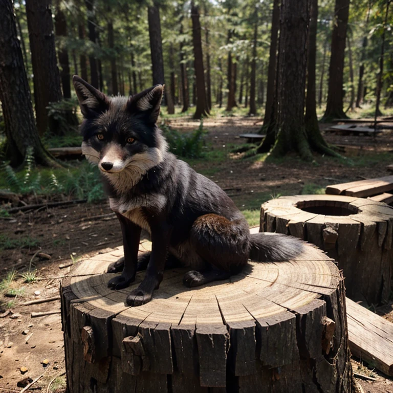 Black fox sitting on a stump