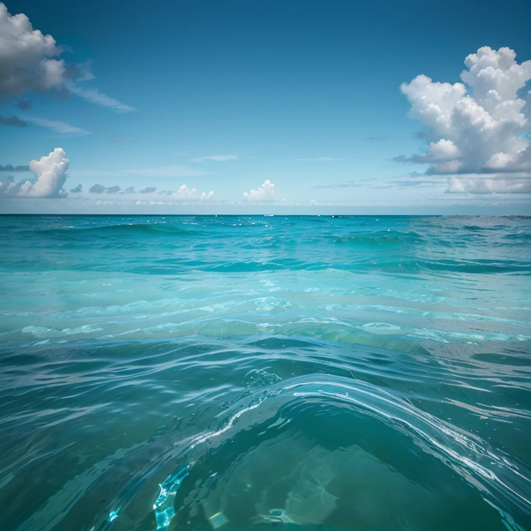 Surface of the ocean ; crystal clear water ; waves ; turquoise water ; afternoon ; scorching sunlight ; piercing through clear transparent water ; calming waves ; splash ; 8k quality ; light blue coloured water ; 8k quality ; hyper realistic ; cinematic ultra hd, highly detailed