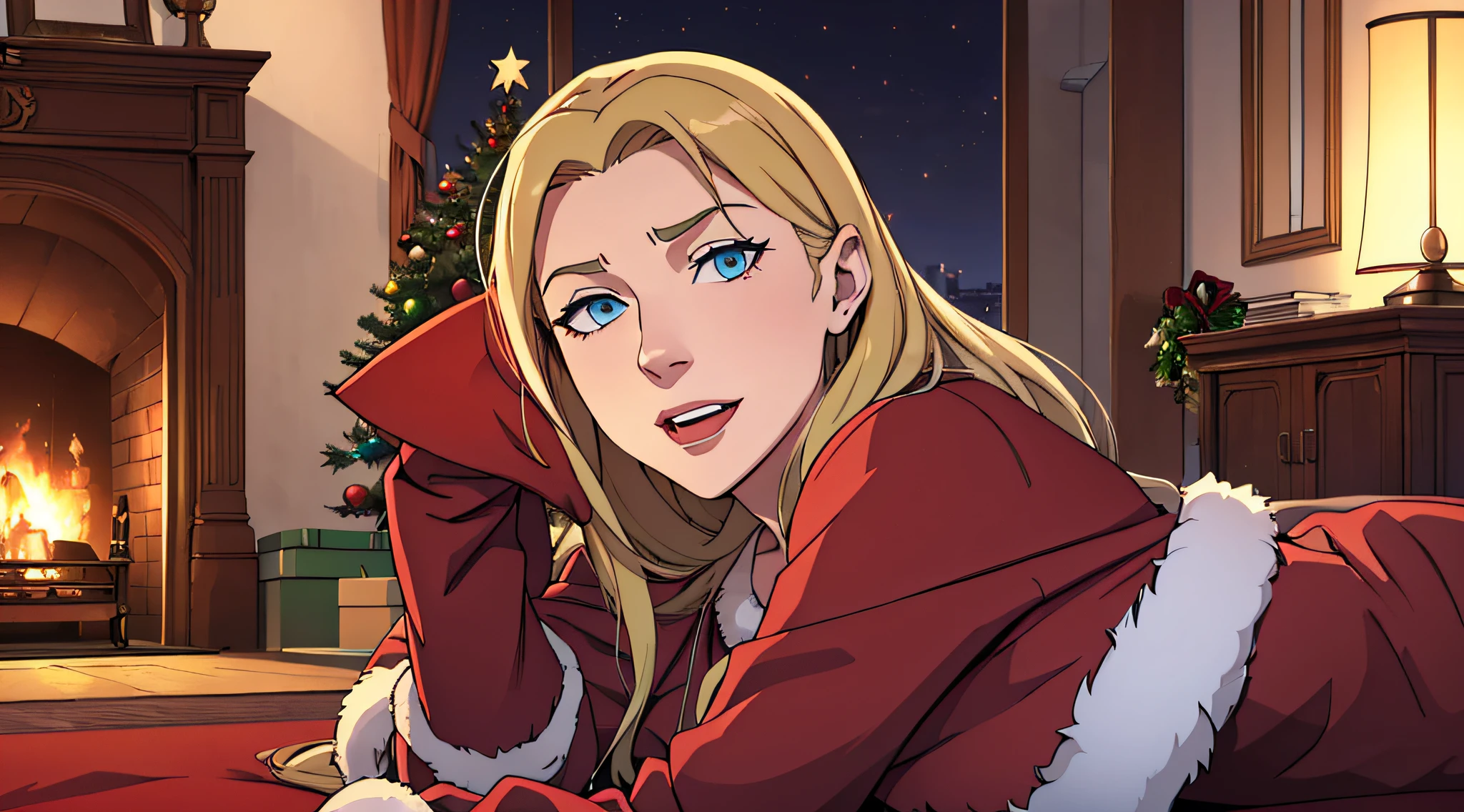 top-quality、Top image quality、masterpiece、teens girl((Christmas、、18year old、 Ager、Best Bust、big bast,Beautiful wide open light blue eyerest, a blond、A slender,Large valleys、dye one's cheeks red、Reflecting the whole body、Laugh、dance、red cloak、Shy face、embarassed face、sprawl)),hiquality、Beautiful Art、Background with((my stylish night room、Christmas Wind、Stove、Red carpet on the floor、fireplace、Christmas tree、Red bed、Kotatsu、Christmas present)))、masutepiece、depth of fields,