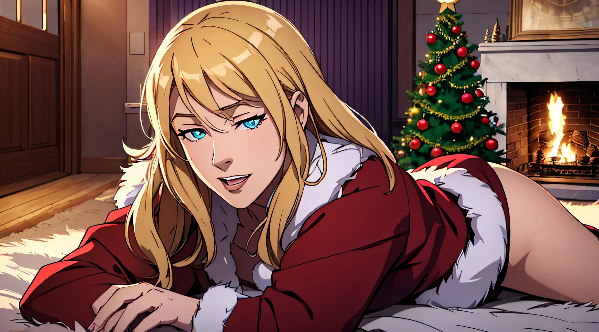 top-quality、Top image quality、masterpiece、s girl((Christmas、、18year old、 Ager、Best Bust、big bast,Beautiful wide open light blue eyerest, a blond、A slender,Large valleys、dye one's cheeks red、Reflecting the whole body、Laugh、dance、red cloak、Shy face、embarassed face、sprawl)),hiquality、Beautiful Art、Background with((my stylish night room、Christmas Wind、Stove、Red carpet on the floor、fireplace、Christmas tree、Red bed、Kotatsu、Christmas present)))、masutepiece、depth of fields,