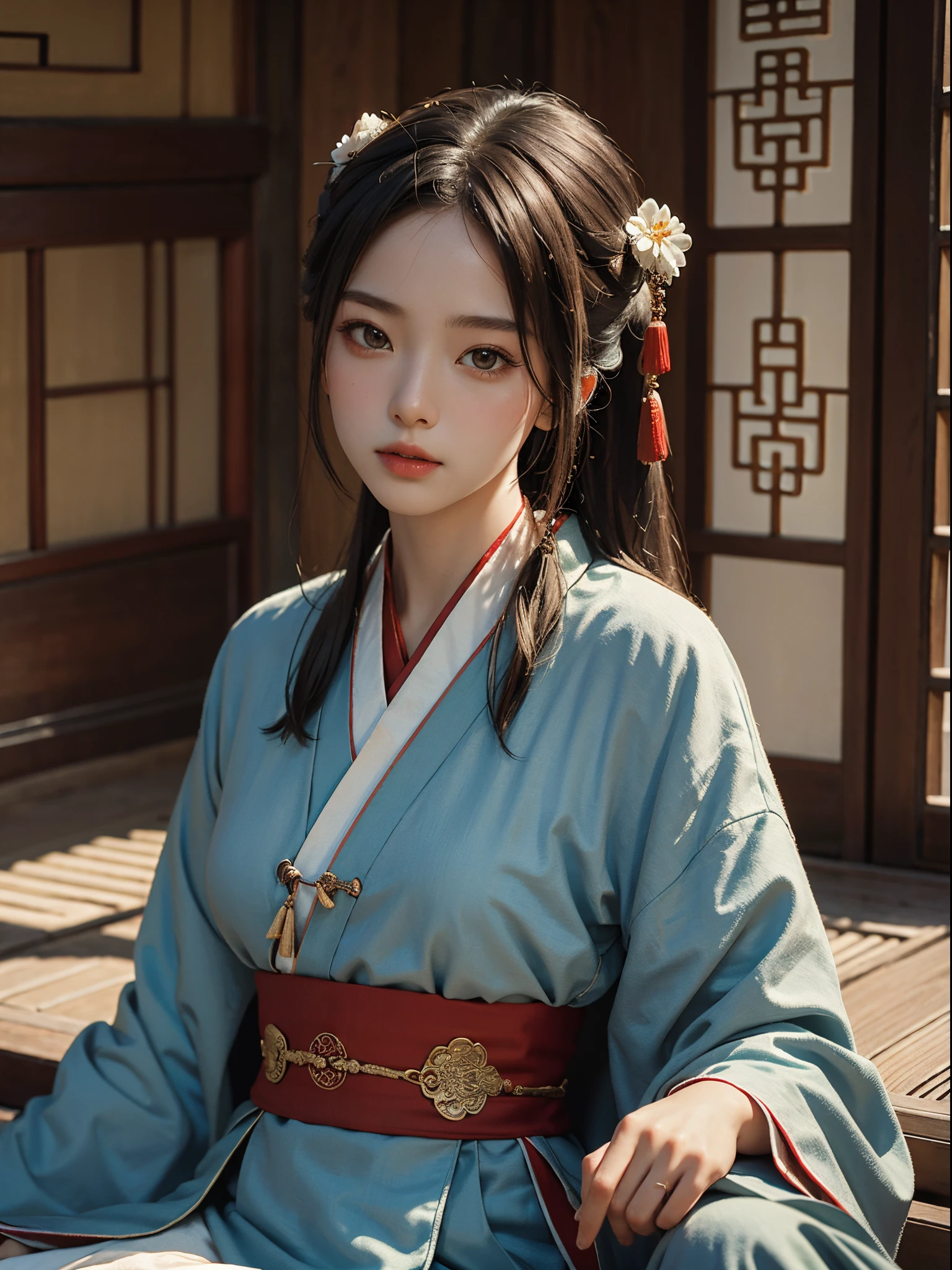 Best quality, masterpiece, ultra high res, (photorealistic:1.4), raw photo, 1girl, hanfu, ancient chinese building