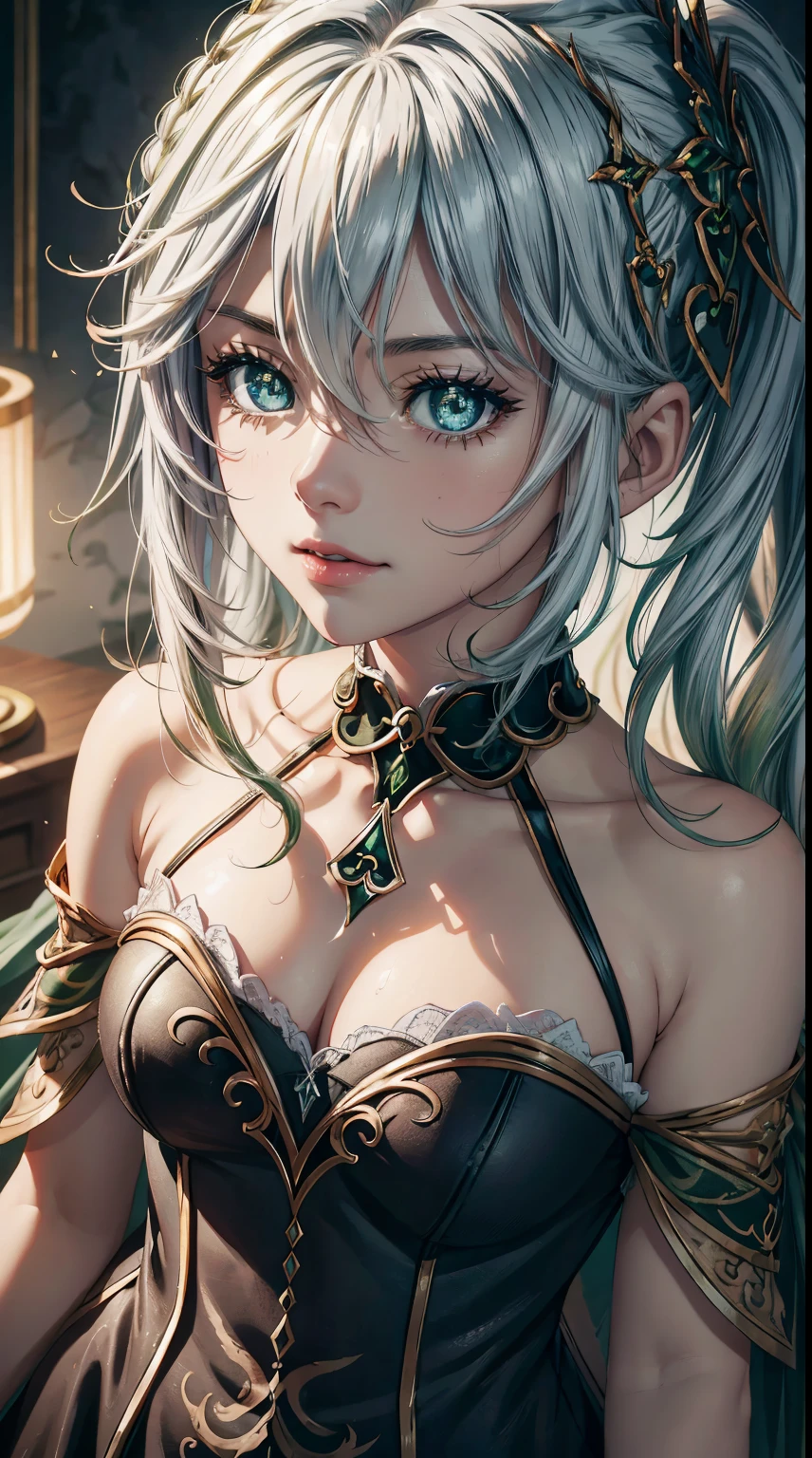 closeup face, detailed digital anime art, Anime with small details, Best Quality, Masterpiece, Ultra-detailed, Beautiful, hight resolution, Original,CG 8K ультрареалистичный, perfect artwork, beatiful face, Face Clean, Skin, hyper realistic, Ultra Detailed, A detailed eye, dramatic  lighting, (Realistic) Realistic, Full HD, Best Quality, Best Quality, Beautiful lighting, (8k wallpaper of extremely detailed CG unit), High Details, sharp-focus, The art of dramatic and photorealistic painting, sexy clothes, Lustful smile, lust, taut clothes, pretty eyes, bare shoulders, neckline on the chest,