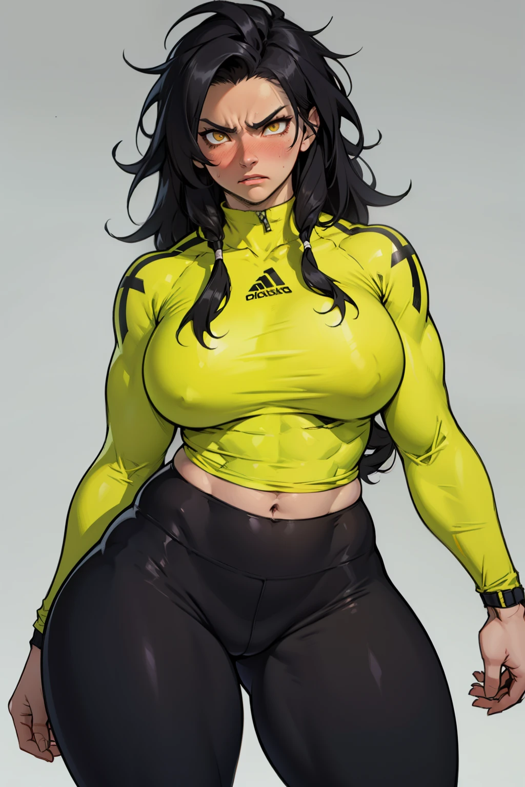 1girl solo black hair yellow eyes very long hair pale skin muscular muscular muscular muscular toned body huge muscles thick thighs girl tight clothes angry blushing messy hair leggings tight shirt long sleeves thick thick thick thick