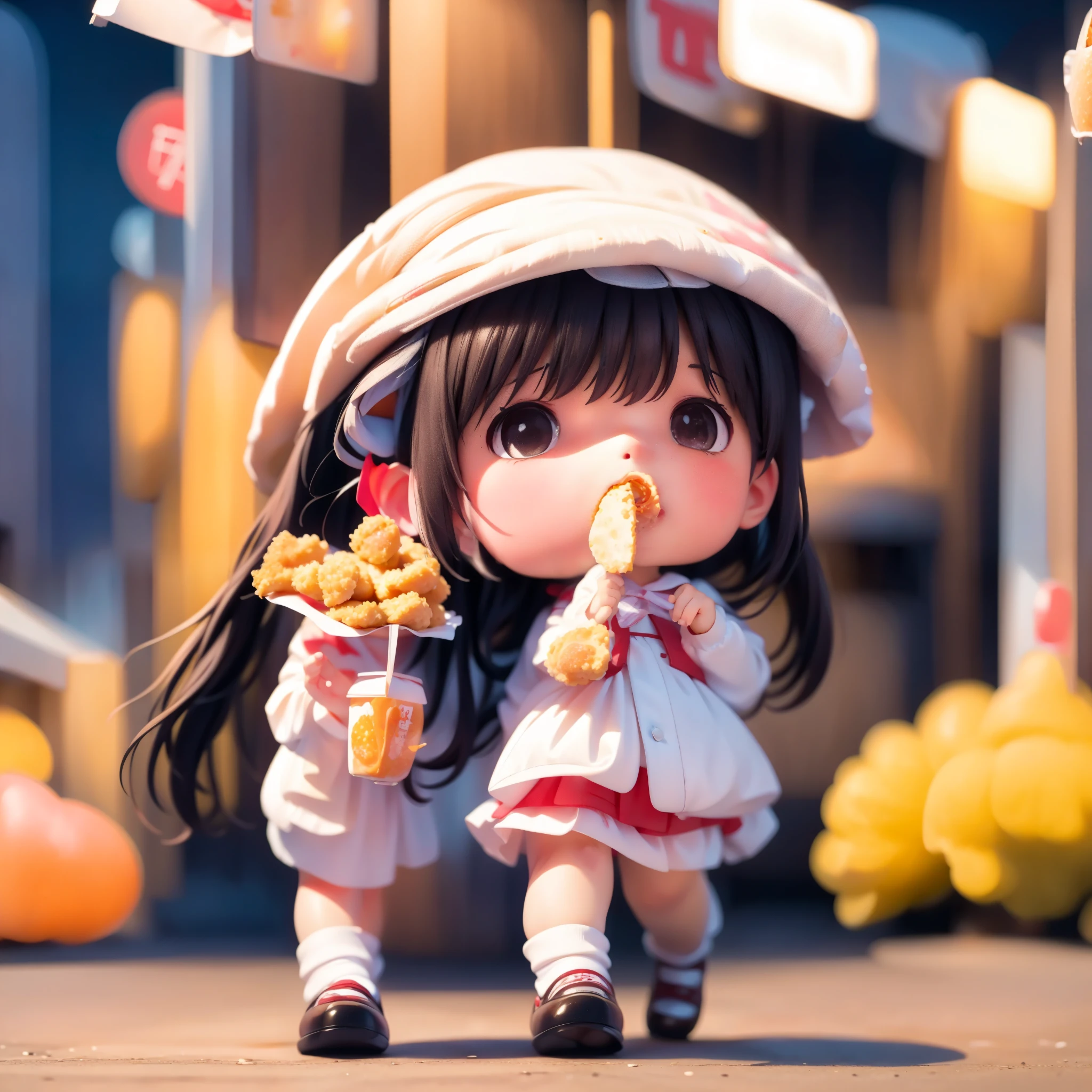 8K, best detail, best quality, an extremely delicate and beautiful, a cute *********** eating fried chicken while walking in the night food street