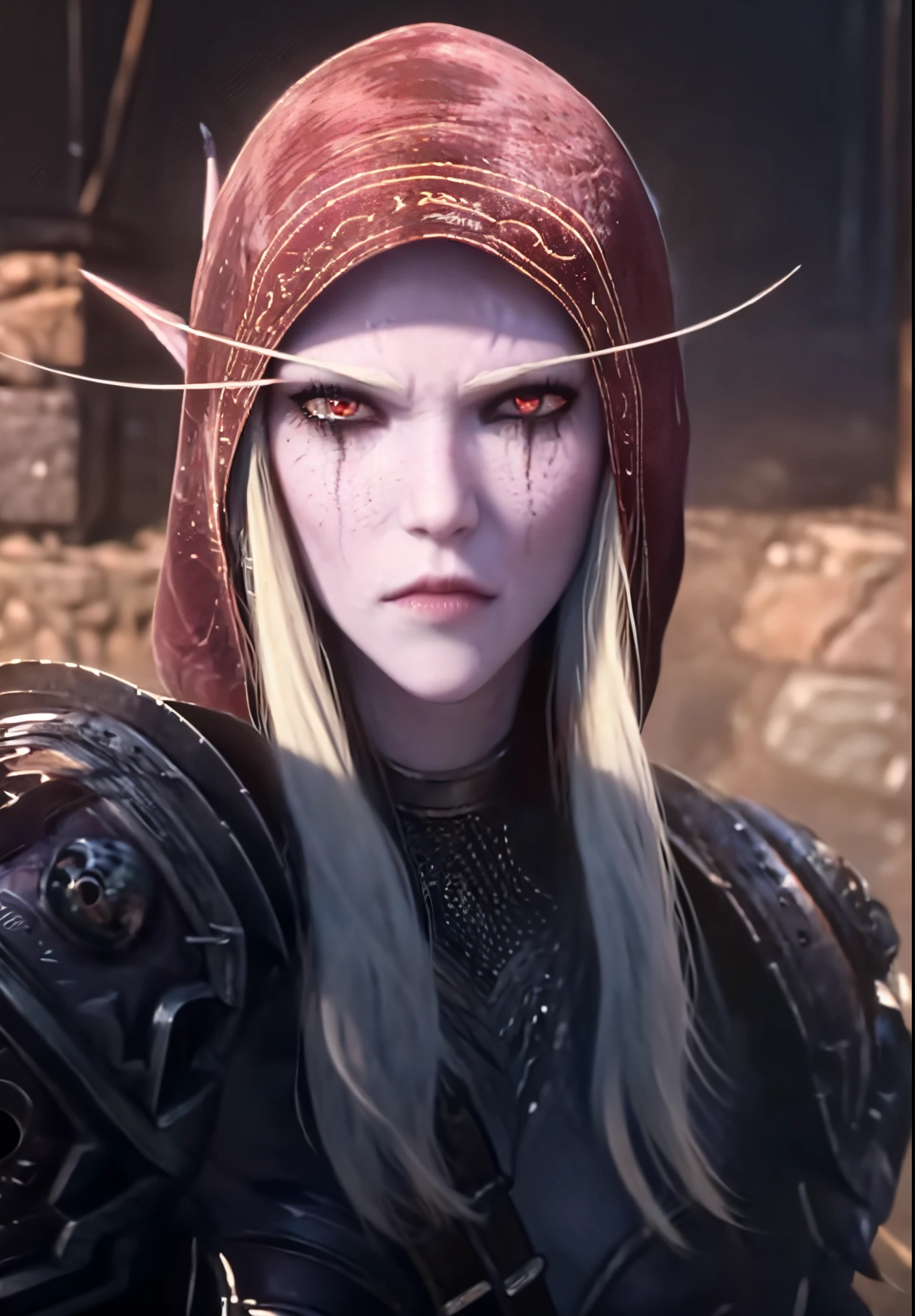 close up portrait,realistic, realism, photorealism, photo-realistic, high contrast, (photorealistic:1.4), 8k high definition detailed realistic, (best quality, masterpiece:1.2), NSFW,  photon mapping, radiosity, physically-based rendering, best quality, highly detailed,sylvanasw, elf, elf ear, hood up, full body, looks at the viwer, red eyes,