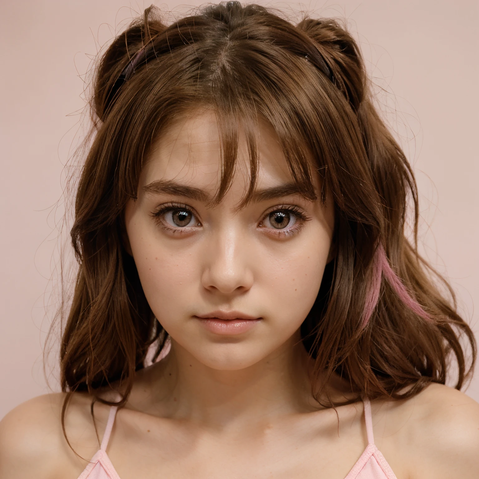 pastel pink 90s anime girl with big eyes, shoulder length brown hair, brown eyes,