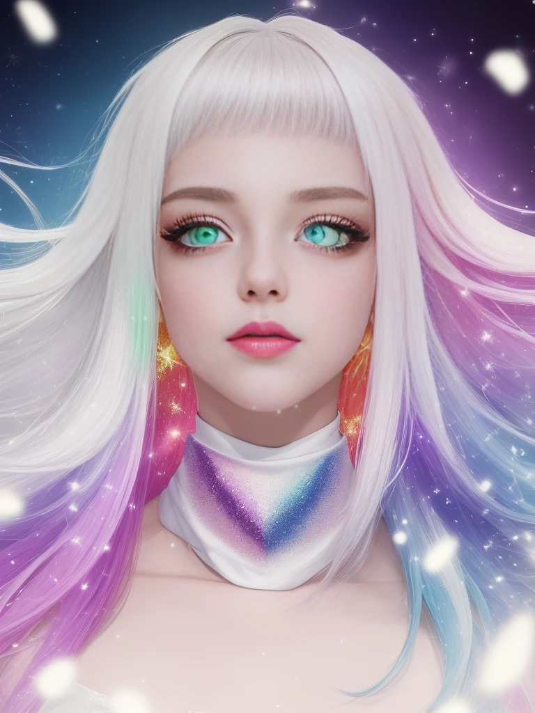 masterpiece, best quility, high_quality, high_resolution, masterpiece*portait, whitespace, colorful, 1girl, solo, white_hair, prism hair, [pink|green] eyes, gradient eyes, multicolored eyes, glowing eyes, glowing, glitter, glowing white particles, wind lift, full_body, serious,