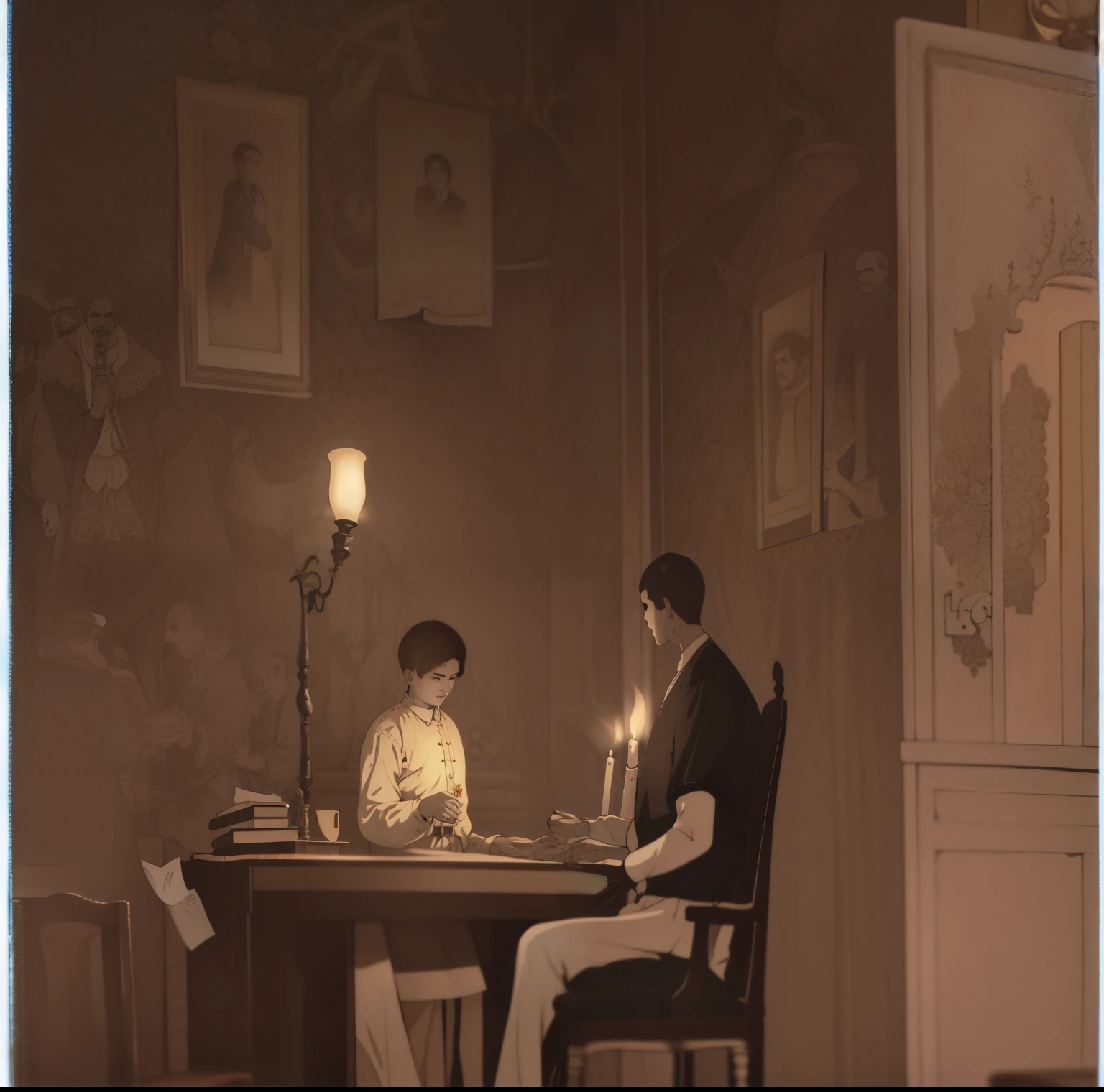 books and documents on the table illuminated by candle lamps in a spanish heritage house filled with wooden furniture adorned with intricate carvings and curtains on the sides. Instead of a woman, the other person is a short haired youth.