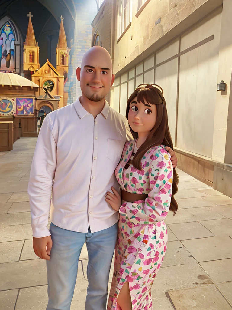 (a 23-year-old woman),(brown hair),(brown eyes),(standing in front of a church), (a 23-year-old man), (no hair), (brown eyes), (standing in front of church), (Pixar and Disney inspired),(vibrant colors),(soft lighting)