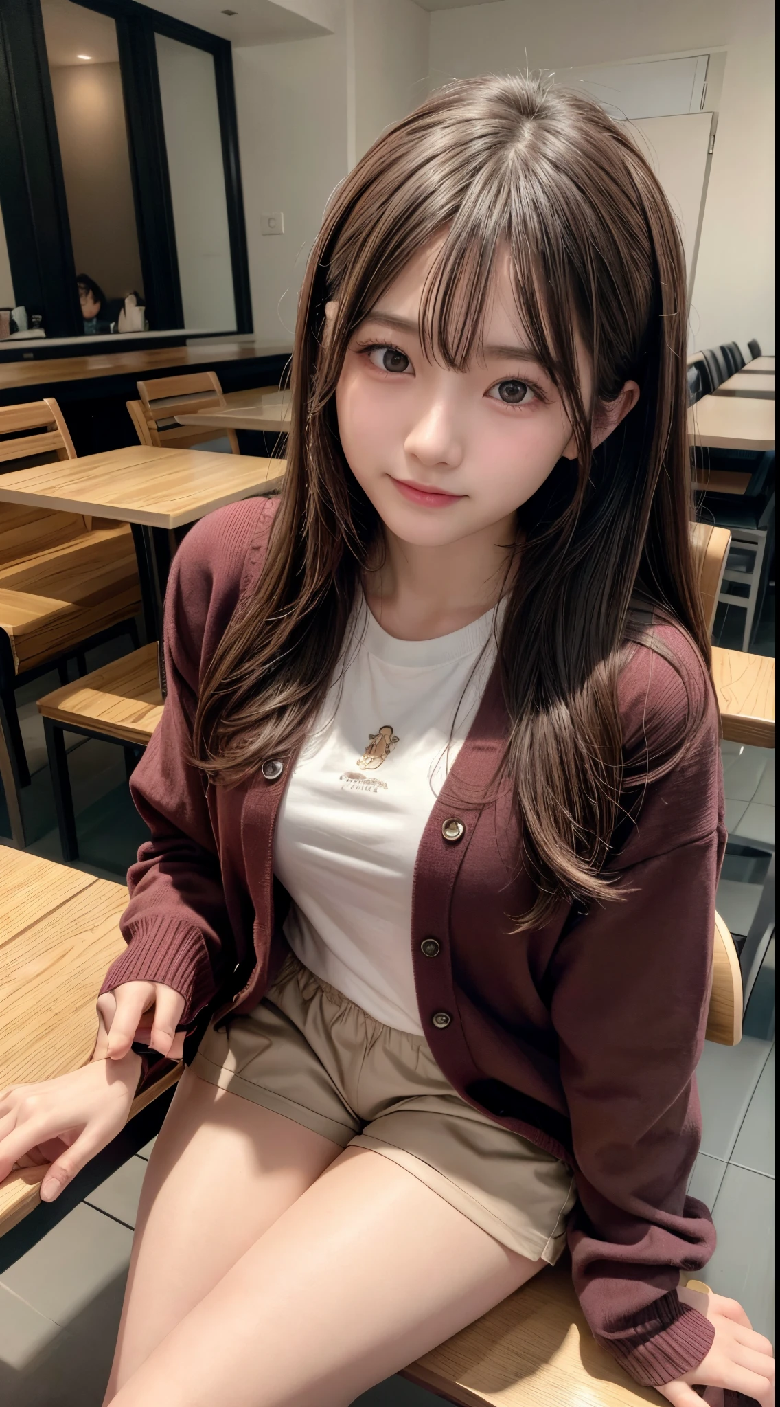 8K, 16K, absurdres, masterpiece, best quality, ultra detailed, insanely detailed, a girl, smiling, looking at viewer, long hair, medium hair, brown hair, droopy eyes, tareme, detailed skin, shiny skin, detailed face, glamorous, voluptuous, beautiful breasts, beautiful ass, (t-shirt, shorts, cardigan:1.3), delicate facial features, japanese idol, 20-year-old, japanese, with a table, in the cafe, ultra realistic photo, photorealistic, raw photo, dynamic angle, front view, cowboy shot, depth of field, practical lighting, sharpen