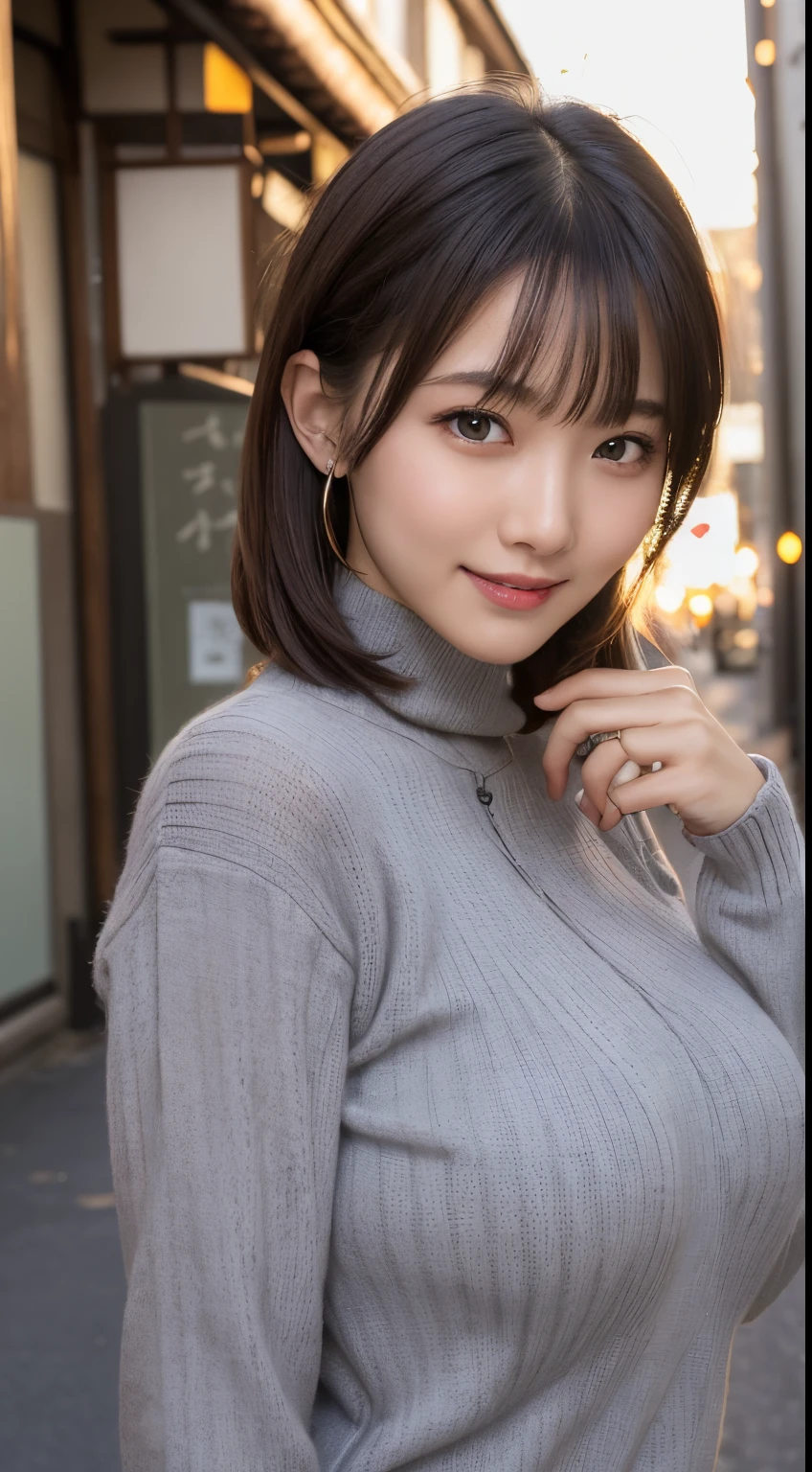masutepiece, Best Quality, Photorealsitic, finely detail, hight resolution, 8K Wallpapers, Perfect dynamic composition, Beautiful detailed eyes, Medium Hair, large full breasts, Random and sexy poses,Random situations、(Tight gray knitwear)、(Breast bulge 1.2)、A smile、 landscape、25-years old、(Drooping eyes 1.3)、 Beauty、japanes
