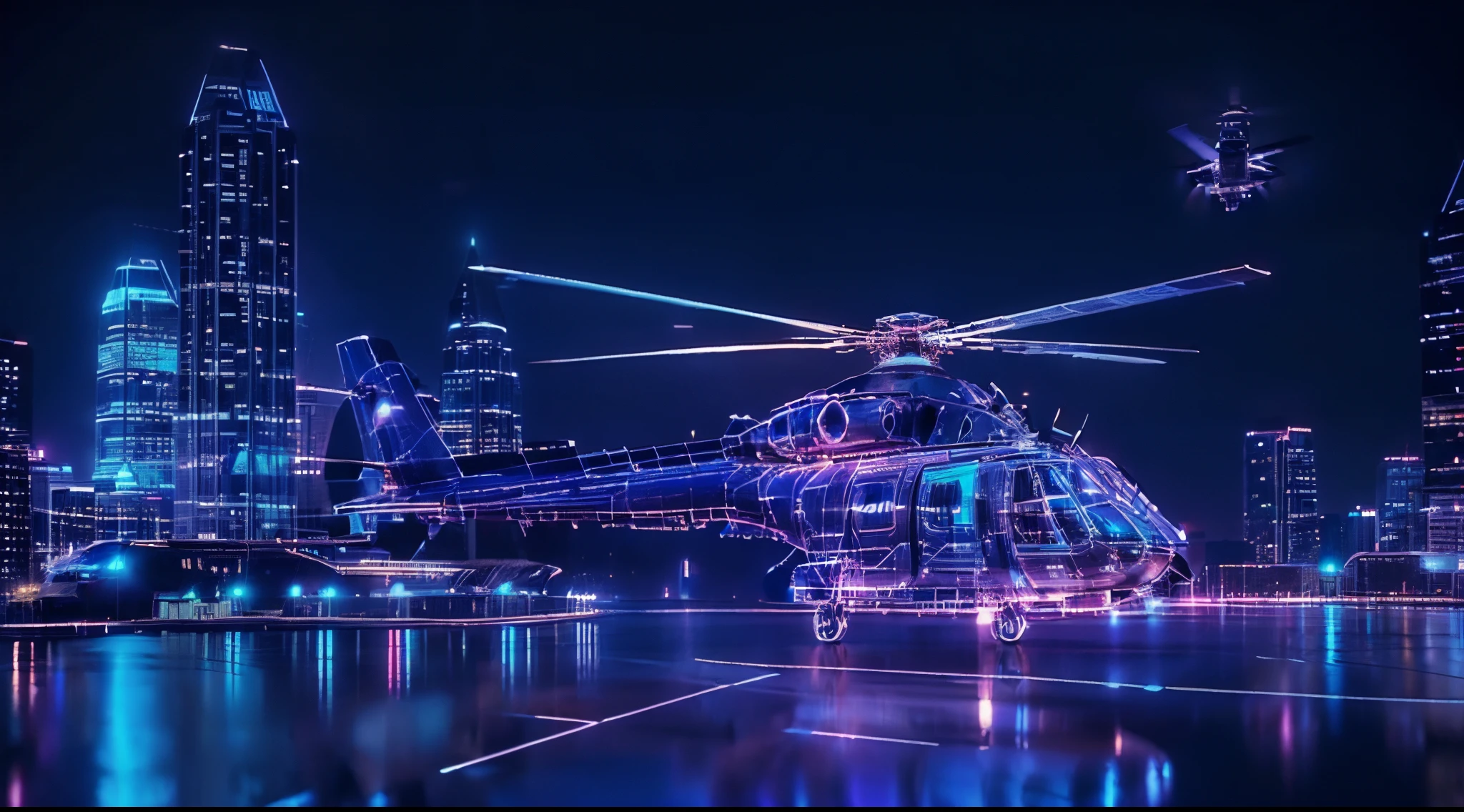 at night, futuristic sci-fi cyberpunk city, medium shot of a helicopter departs from platform, skyscrapers far away as background, holographic effects, hq