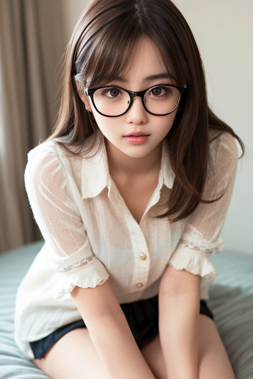 1girl,cute girl wearingwearing glasses,NSFW, masutepiece, Best Quality, 8K,The cutest face,detailed face,ultra-realistic, perfect limbs, perfect anatomy,clothed,girly blouse, Snazzy cafe,20 years girl, sit,